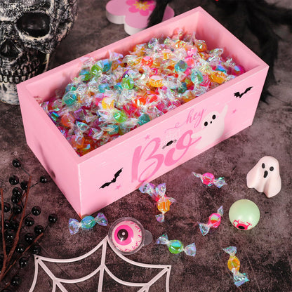 JarThenaAMCS Halloween Candy Bowl Cute Ghost Boo Candy Dish Holder Pink Wooden Serving Bowl for Table Home School Office Trick or Treat Party Decor