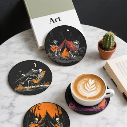 Halloween Skull Coasters Leather Round Drink Coasters 6 Pcs Set with Holderor for Cup Drink Coffee Table Bar Home Decor