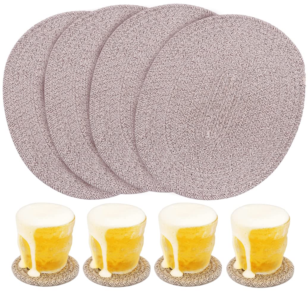 WENFOME 4 Pack Oval Woven Placemats, Mix Brown Cotton Plate Chargers with 4 Pack Round Coasters, Thick Heat Insulation Mats Household Table Mats Braided Bowl Mats Fabric Rustic Placemats for Dining