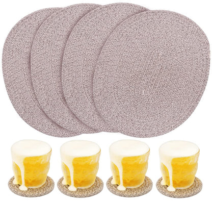 WENFOME 4 Pack Oval Woven Placemats, Mix Brown Cotton Plate Chargers with 4 Pack Round Coasters, Thick Heat Insulation Mats Household Table Mats Braided Bowl Mats Fabric Rustic Placemats for Dining