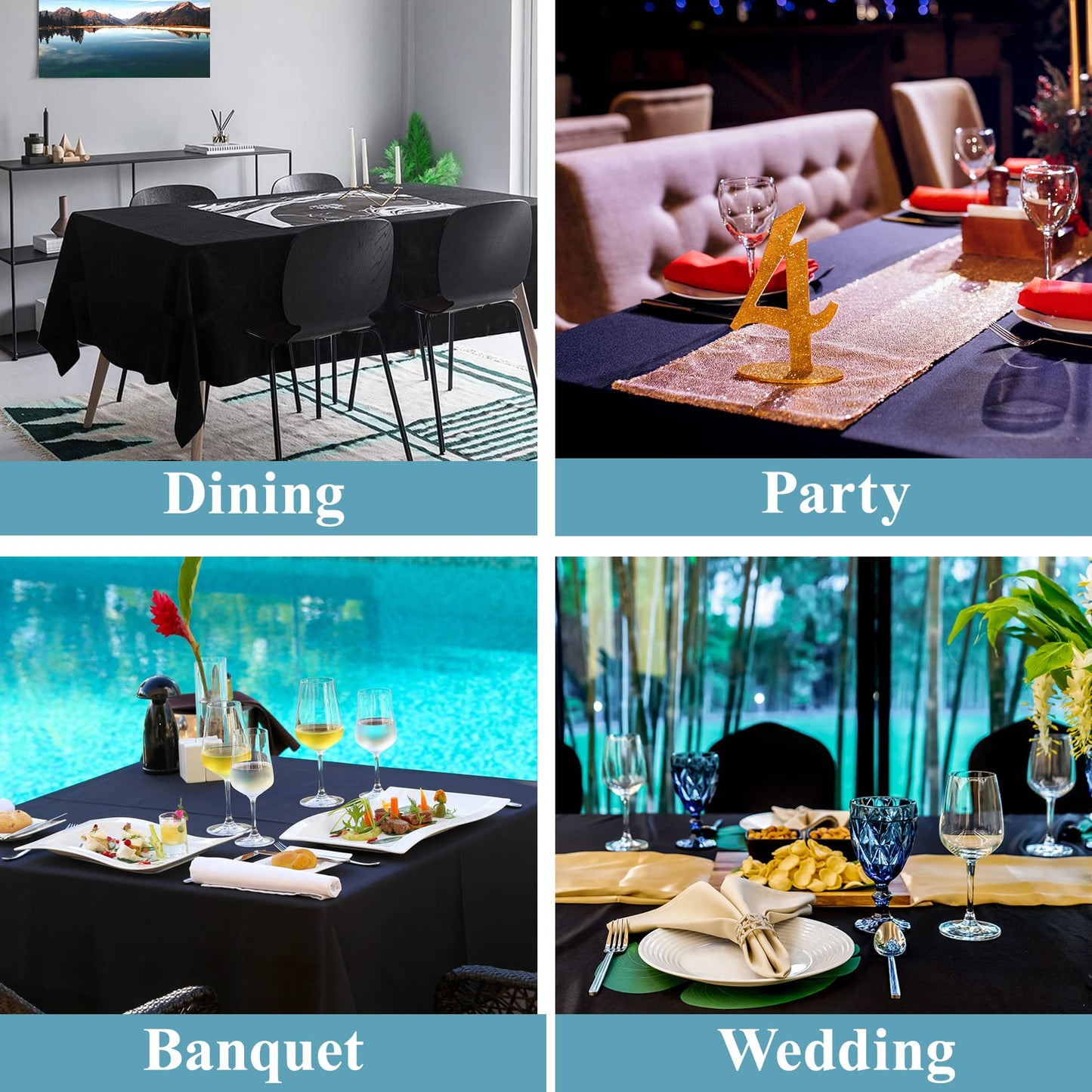 VidaFete 1 Pack Tablecloth 90 * 132inch Rectangle Table Cloth Polyester, Stain Wrinkle Resistant Polyester Dining Table Cover for Kitchen Dinning Party Wedding Tabletop Buffet Decoration(Black)