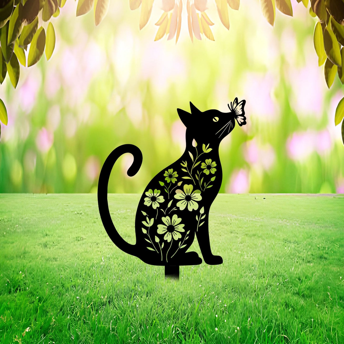 Aucizb Metal Cat Garden Stake - Floral Butterfly Black Silhouette Statue Yard Decor Outdoor Cat Patio Art for Yard, Flower Bed, Lawn, Cabin, Farmhouse Pet Lover Unique Gift (Black)