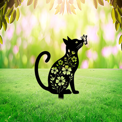 Aucizb Metal Cat Garden Stake - Floral Butterfly Black Silhouette Statue Yard Decor Outdoor Cat Patio Art for Yard, Flower Bed, Lawn, Cabin, Farmhouse Pet Lover Unique Gift (Black)