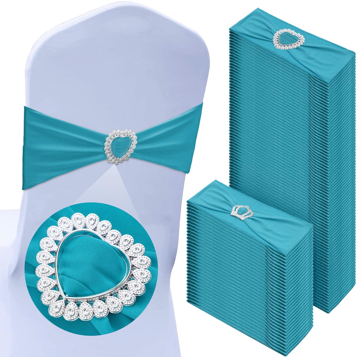 VitalCozy 100 Pcs Spandex Chair Sashes with Heart Shaped Buckle Slider Stretch Chair Cover Band Universal Elastic Ties for Wedding Banquet Event Party Decoration(Turquoise)