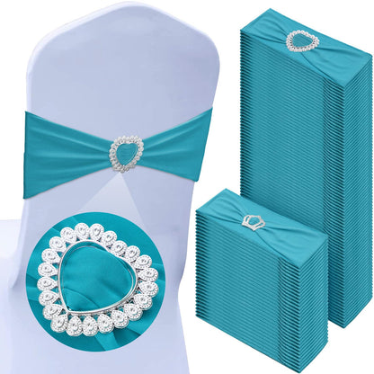 VitalCozy 100 Pcs Spandex Chair Sashes with Heart Shaped Buckle Slider Stretch Chair Cover Band Universal Elastic Ties for Wedding Banquet Event Party Decoration(Turquoise)