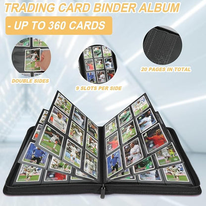 360 Cards Ringless 9-Pocket Side Loading Trading Card Binder, PU Zipper Fixed Page Card Album for TCG Sports Cards, Not Fit Top Loaders (Black)