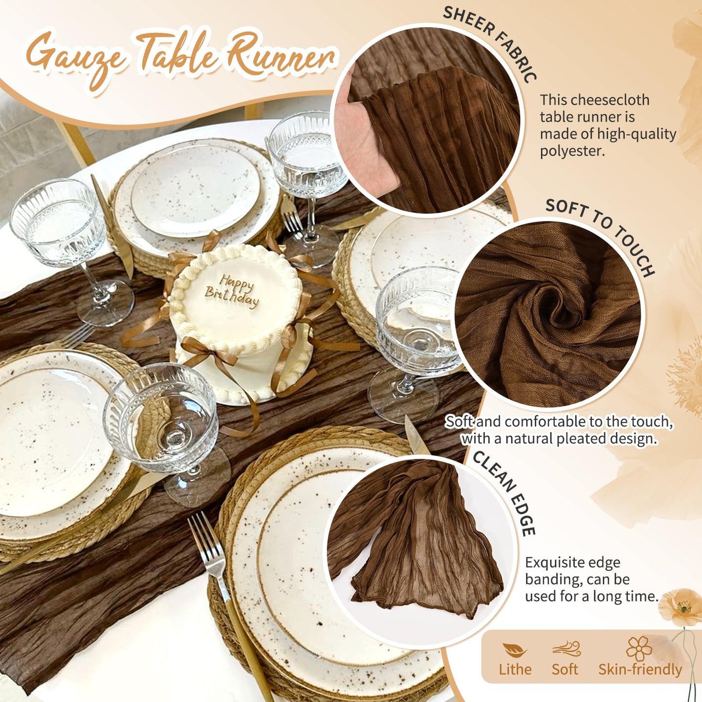 4 Pack Brown Cheesecloth Table Runner 17 x 108 inch Boho Gauze Table Runner Rustic Sheer Cheese Cloth Table Decorations for Wedding Party Baby Bridal Shower Birthday Holiday Home