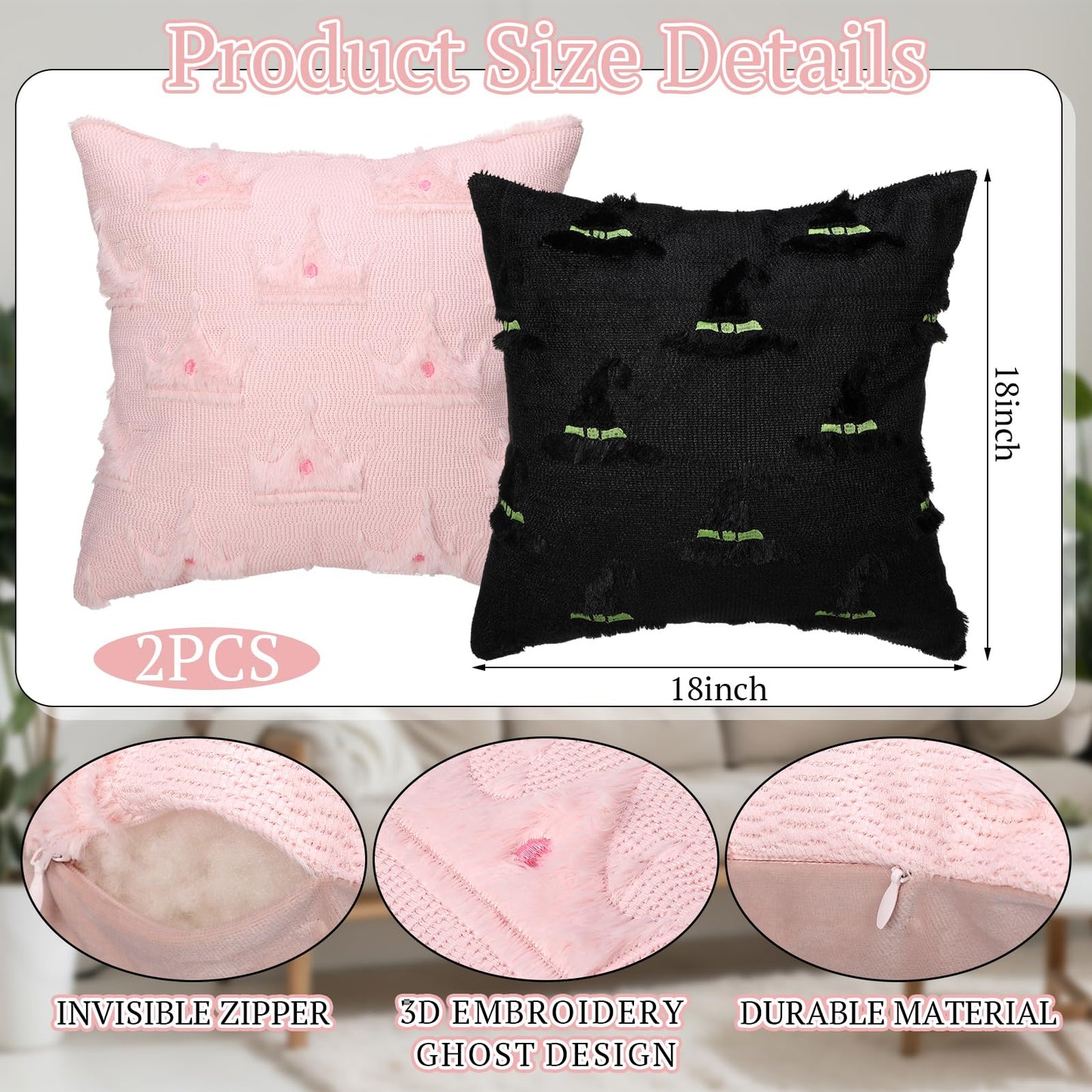 Mindsoft Set of 2 Witch Hat and Pink Crown Pillow Covers for Girls 18x18 Inch Witch Theme Throw Pillow Cases Soft Plush Cushion Covers for Christmas Halloween Sofa Couch Living Room