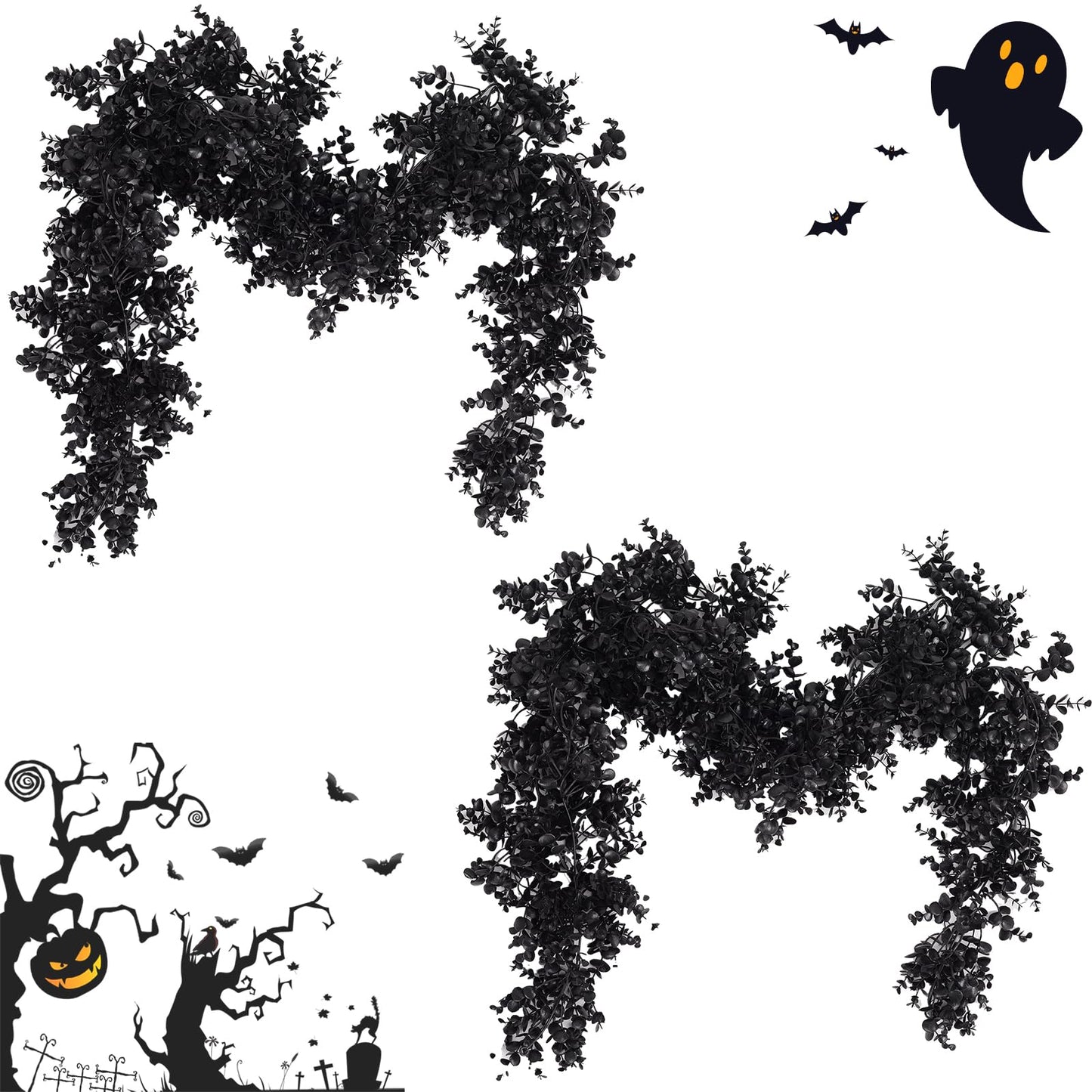 ZeKonan Black Artificial Flowers Eucalyptus Garlands Halloween Garland Black Leaf Garland with Flowers Fake Floral Greenery for Halloween Party Decor Home Backdrop Wall Fall Decor