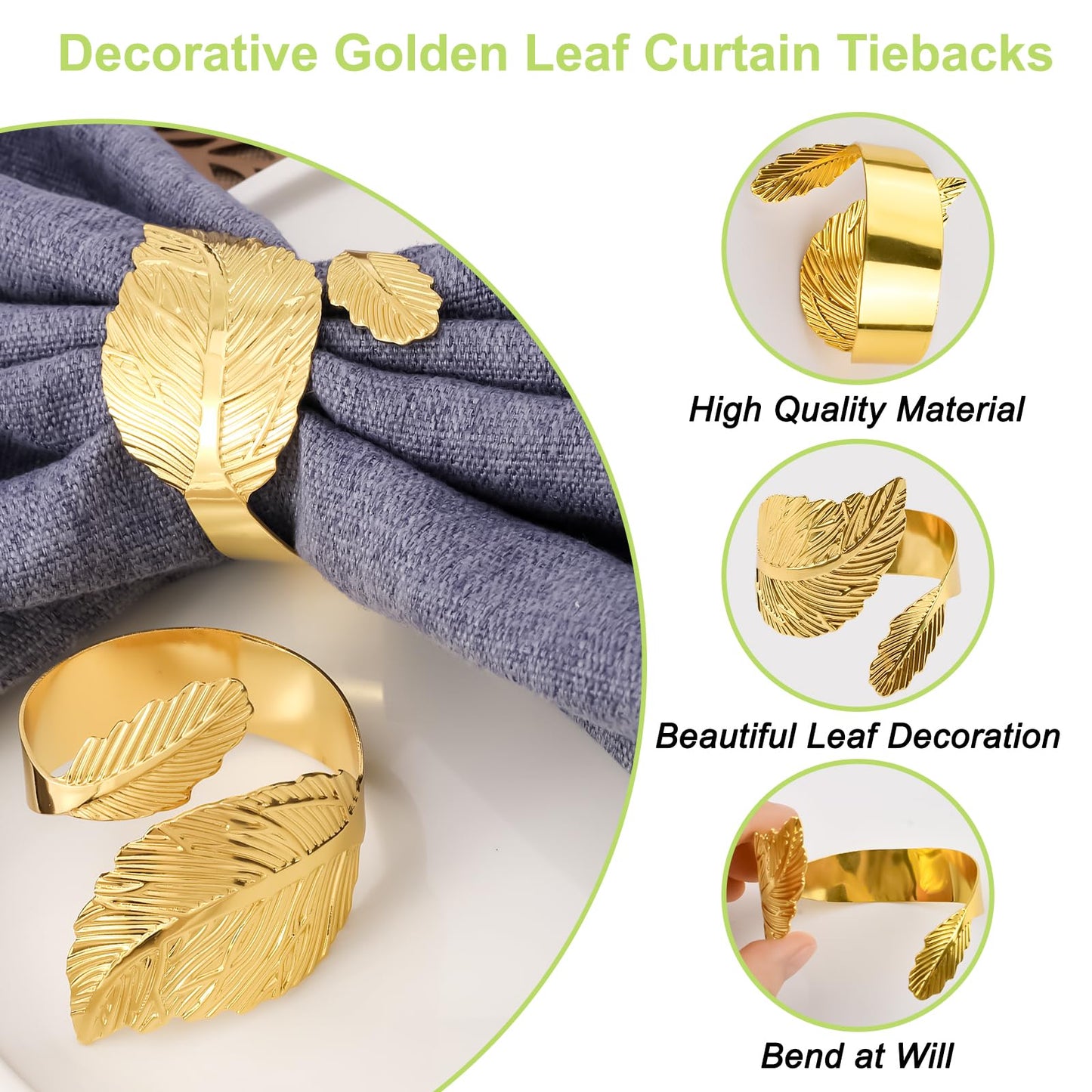UFURMATE Curtain Tie Backs, 6Pcs Metal Decorative Golden Leaf Curtain Tiebacks Creative Curtain Rope Buckles Spring Drape Holder Clips for Home Office (Gold)