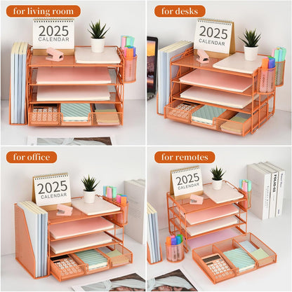 gianotter Paper Letter Tray Organizer with File Holder, 4-Tier Desk Accessories & Workspace Desk Organizers with Drawer and 2 Pen Holder for Office Supplies (Orange)