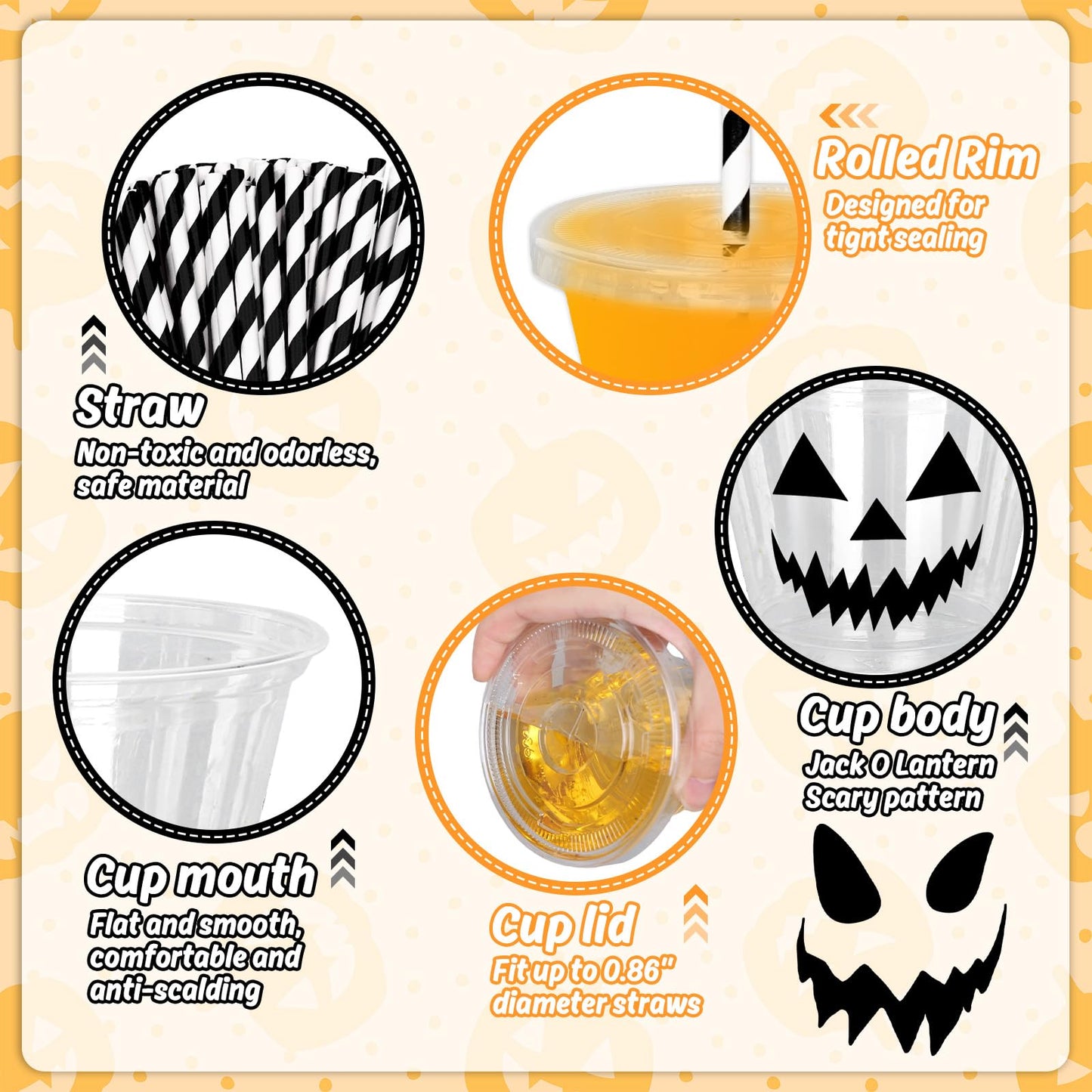 Whaline 60 Pcs 9 Oz Halloween Disposable Plastic Cups with Lids and Straws Black Evil Pumpkin Face Cold Beverage Drinking Cup for Trick or Treat Birthday Party Supplies