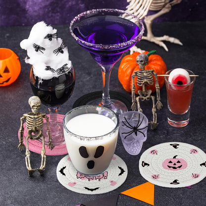 Whaline 4Pcs Halloween Handmade Braided Cotton Coasters Pink Black Pumpkin Ghost Boo Drink Coasters Absorbent Cup Mat for Home Office Party Decor, 4.3 Inch