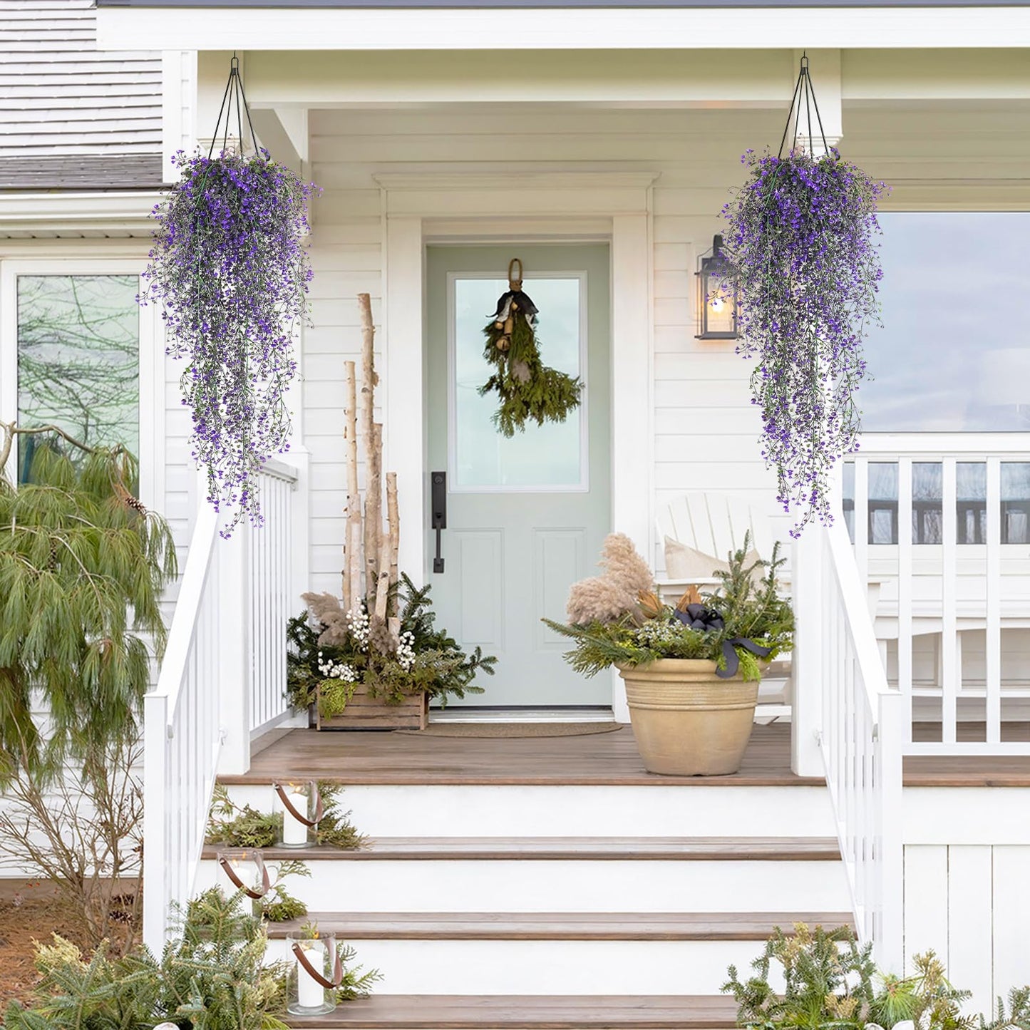 RECUTMS Artificial Vine Plants 2 Pack Fake Hanging Flower Plants Faux Ivy Vine Leaves Plastic Baby Breath Greenery UV Resistant for Home Bedroom Wall Porch Garden Wedding Decor (Purple)