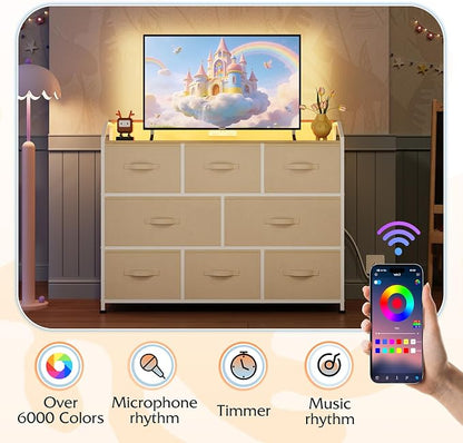 WLIVE Led Dresser for Bedroom, TV Stand for Bedroom with LED Lights and Power Outlet, Wide Chest of Drawers for Hallway, 8 Fabric Drawers for Living Room and Entryway, Cream White