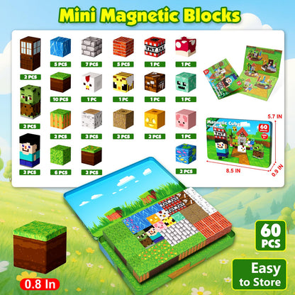 60 PCS Magnetic Blocks with Metal Box, 0.8in Mini Magnetic Building Cubes STEM Educational Toys for Kids Ages 3+ Boys Girls, Travel Airplane Classroom Play, Birthday Christmas Toy Gifts