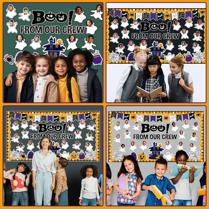 Halloween Ghost Bulletin Board Set Classroom Decorations Pumpkin Castle Paper Cutouts BOO Ghost Pattern Spider Web DIY Photos Bulletin Board Halloween Party Back to School Nursery Classroom Wall Decor