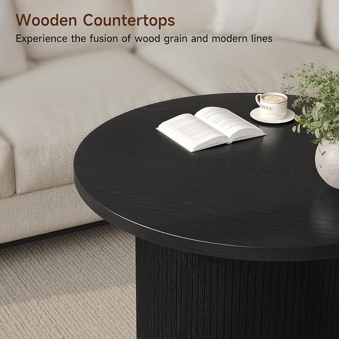 31.5" Round Coffee Table, Mid Century Modern Fluted Tambour Coffee Table, Engineered Wood Small Circle Center Table, Drum Accent Modern Living Room Table, Black