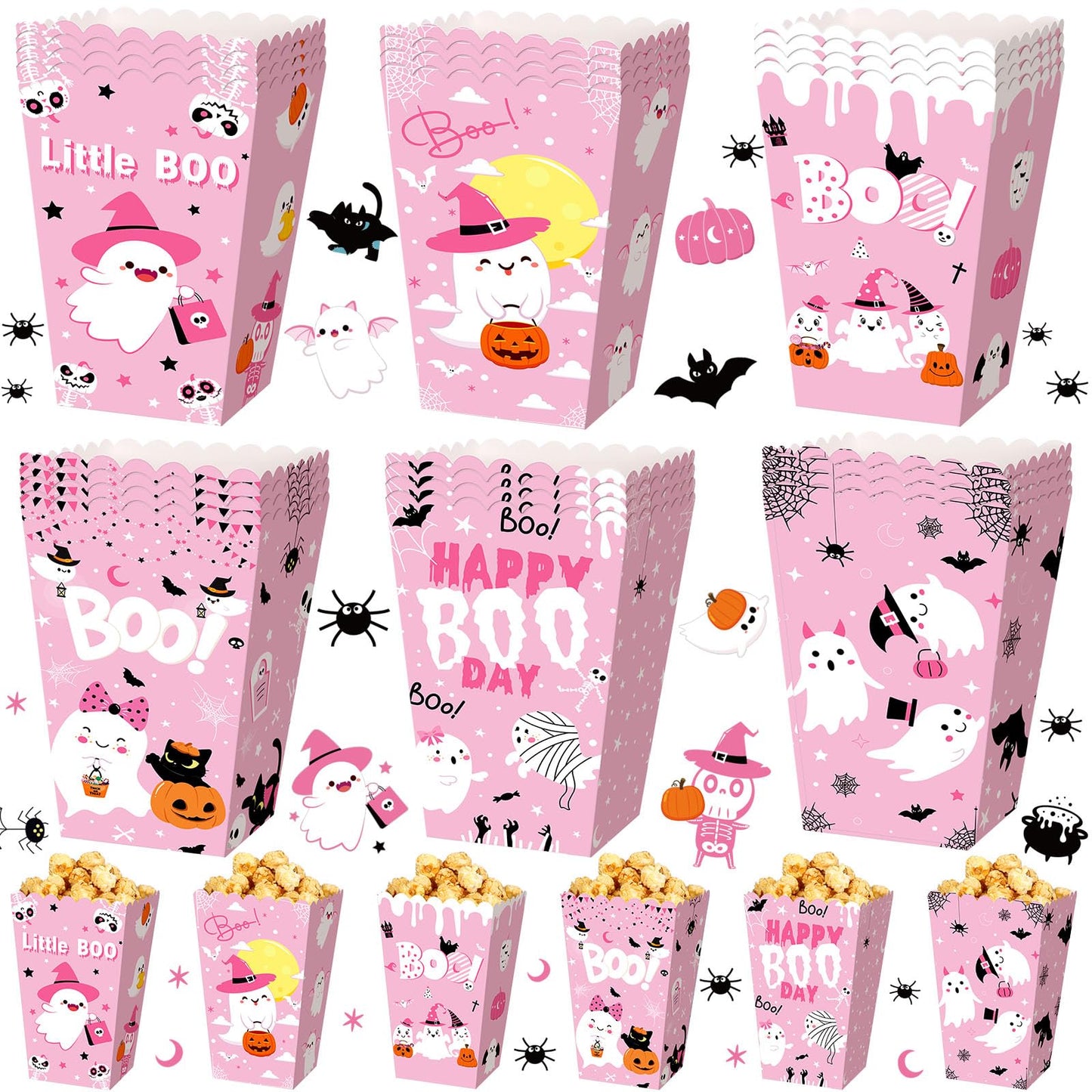 Gueevin 24 Pcs Halloween Popcorn Boxes Pink Ghost Treat Boxes Candy Cookie Holder Container for Halloween Party Favors Supplies Decorations