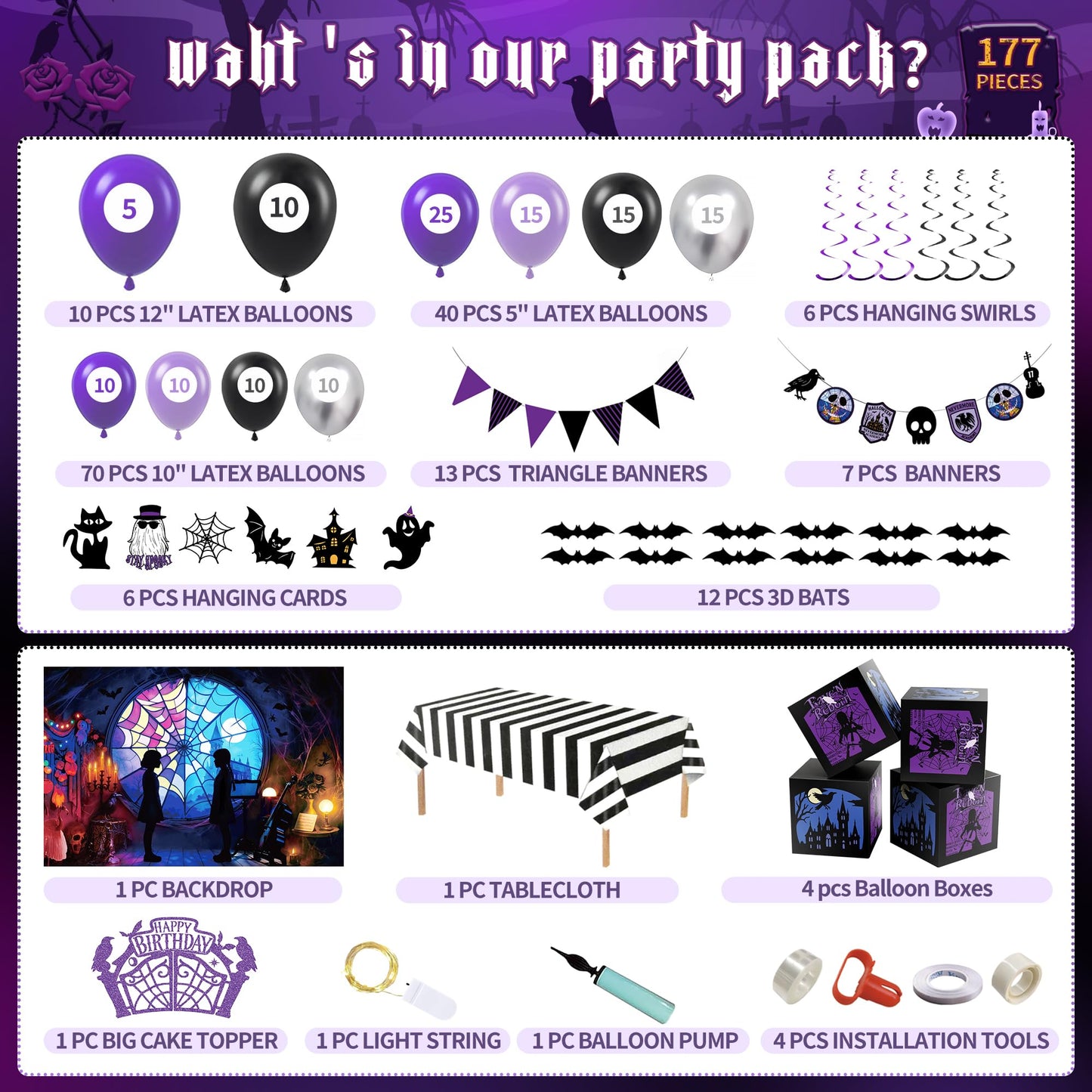 CheerBox Gothic Birthday Party Decorations for Girl - 177 Pcs Purple Black Dark Academia Party Supplies with Original Backdrop, Balloon Boxes, 3D Bats, Cake Topper