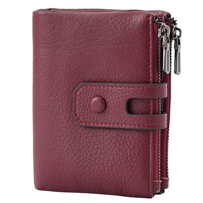 Bveyzi Small Soft Leather Wallet for Women RFID Blocking Ladies Card Holder with Double Zipper Pocket (Wine Red)