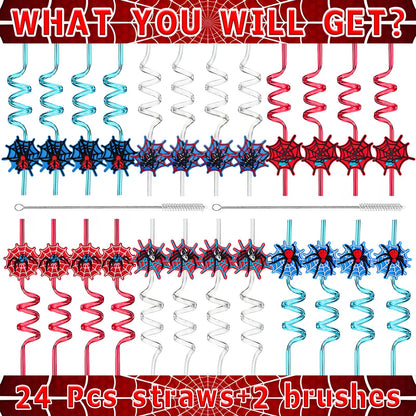 LEDUO 24PCS Spider Web Drinking Straws - Man Party Decorations Gifts Supplies-Reusable Plastic Silly Crazy Straws for Kids Boys Girls Spidery Theme Birthday Party Favors Halloween Goodie Bags Stuffers