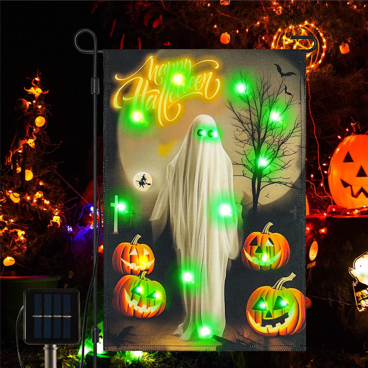 Vigor Home Solar Happy Halloween Lighted Garden Flag Double Sided 12×18 Inch, 8 Modes Led Small Vertical Ghost Pumpkins Spooky Night Yard Flags for Outside Front Porch Lawn Outdoor Decor