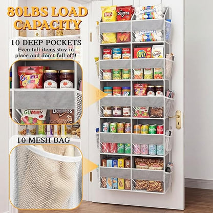Over The Door Organizer, 5-Tier Extra Large Behind Door Storage with 10 Big Front & 10 Mesh Pockets, 80lb Capacity, Hanging Storage Organizer with Clear Window Kids Toys, Shoes, Diapers, Light Grey
