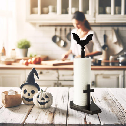 Kihomi Bat Paper Towel Holder with Suction Cups - Black Wooden Coffin Paper Roll Holder, Gothic Kitchen and Bathroom Accessory, Halloween Decor, Spooky Rustic Table and Witchy Gifts for Women (Bat)
