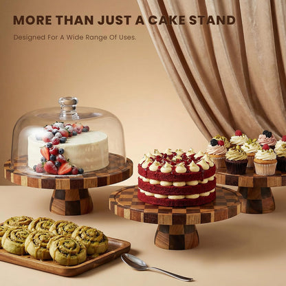 Metflavor Cake Stand with Dome Lid - 12in Wooden Cake Stand with Shatterproof Acrylic Dome, 2-in-1 Dessert Display & Charcuterie Board, Checkered Platter for Serving Cupcakes, Cheese and Fruits