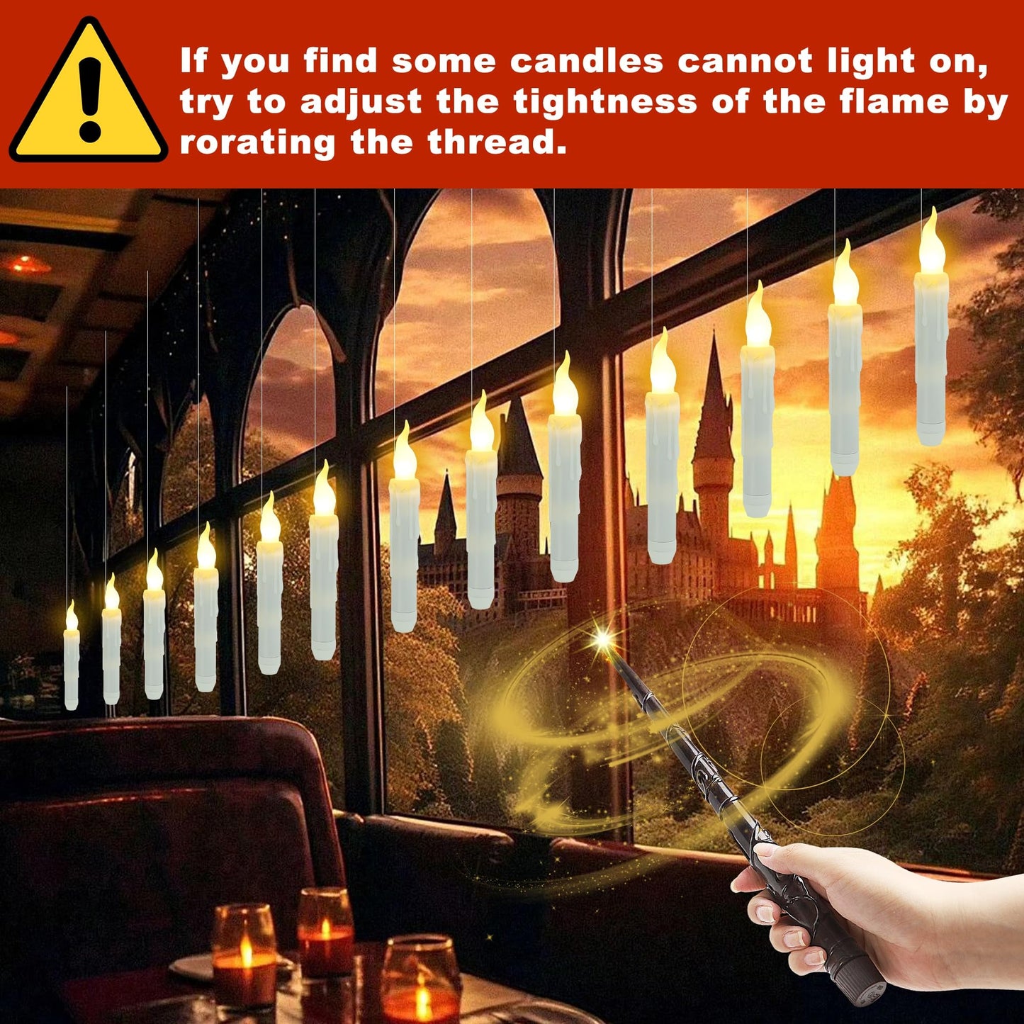 Treewoll 12pcs Flameless Floating Candles with Wand Remote, 6.7" L Battery Operated Flickering Candles with Hanging Wire for Ceiling Dining Table Wedding Magic Themed Parties Halloween Decorations