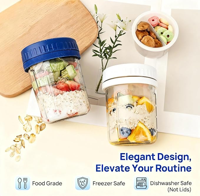 6 Pack Overnight Oats Containers with Lids and Spoons, 16 OZ Glass Oatmeal Container With Measurement Marks for Chia Pudding, Yogurt, Breakfast, Airtight Leak Proof, Clear
