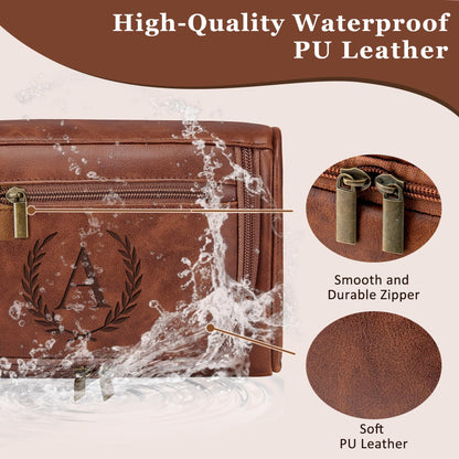 Aganmi Personalized Gifts Travel Toiletry Bag for Men Him, Laser-Engraved Initial Waterproof PU Leather Shaving Bag Fathers Day Birthday Gift for Men Dad Husband Boyfriend Son Reddish Brown M