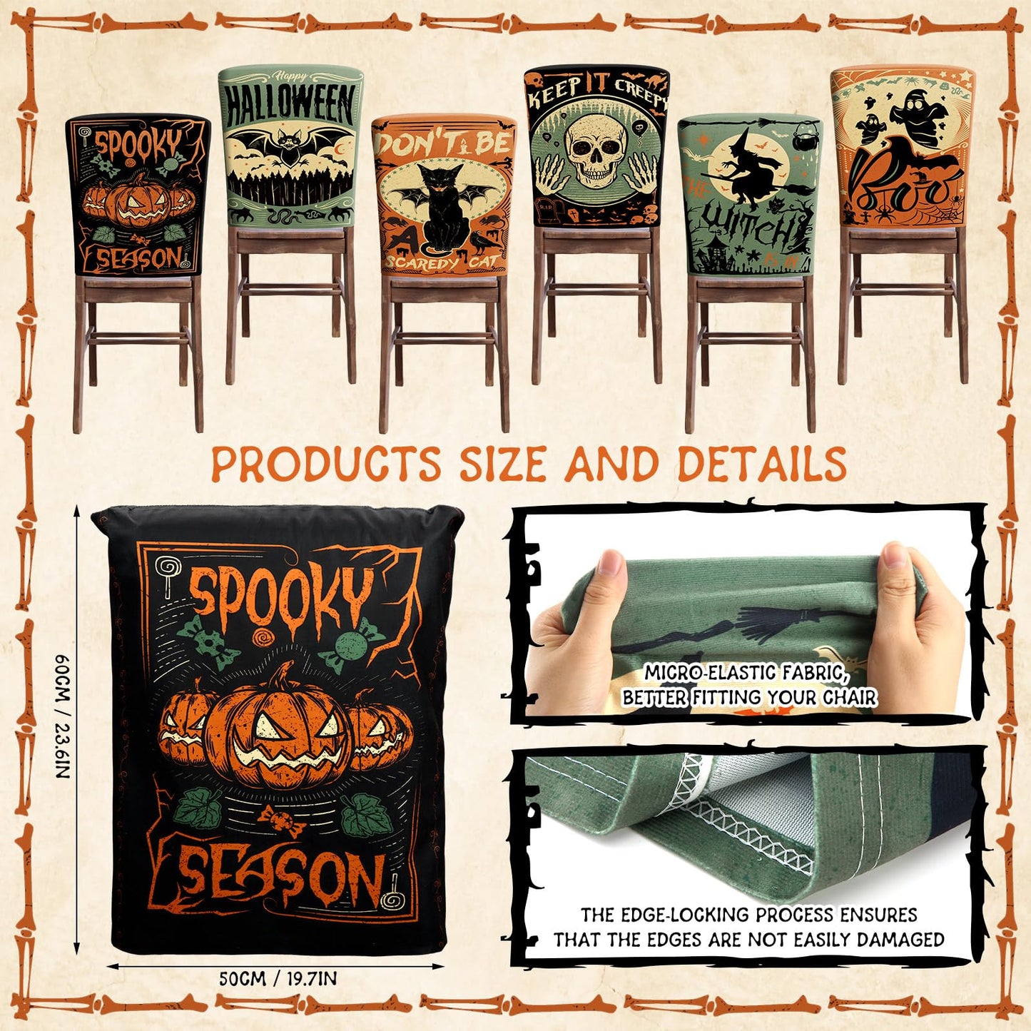 Moukeren 6 Pcs Halloween Chair Cover Set Gothic Halloween Decor Stretch Dining Chair Back Covers Witch Skeleton Pumpkin Black Cat Bat Seat Covers Farmhouse Dining Seat Protector for Home Kitchen Decor