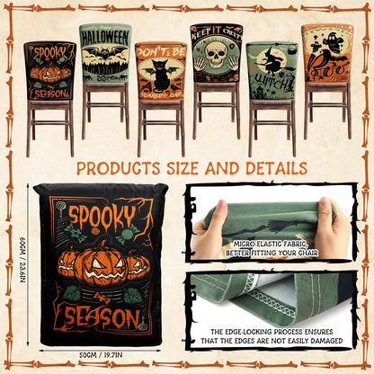 Moukeren 6 Pcs Halloween Chair Cover Set Gothic Halloween Decor Stretch Dining Chair Back Covers Witch Skeleton Pumpkin Black Cat Bat Seat Covers Farmhouse Dining Seat Protector for Home Kitchen Decor