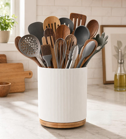 KSENDALO Large 360° Rotating Utensil Holder, Cream Milk White 7.76" Kitchen Crock for Cooking Utensils, Durable Countertop Storage for Home Kitchen