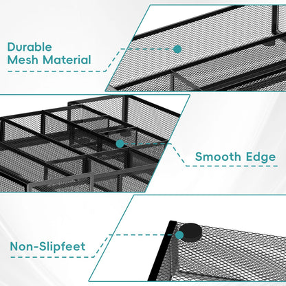 ReePlan 2 Pack Expandable Desk Drawer Organizer Tray with 10 Adjustable Compartments Metal Mesh Office Drawer Organizer for Home, School Supplies, Makeup Vanity & Jewelry (Black)