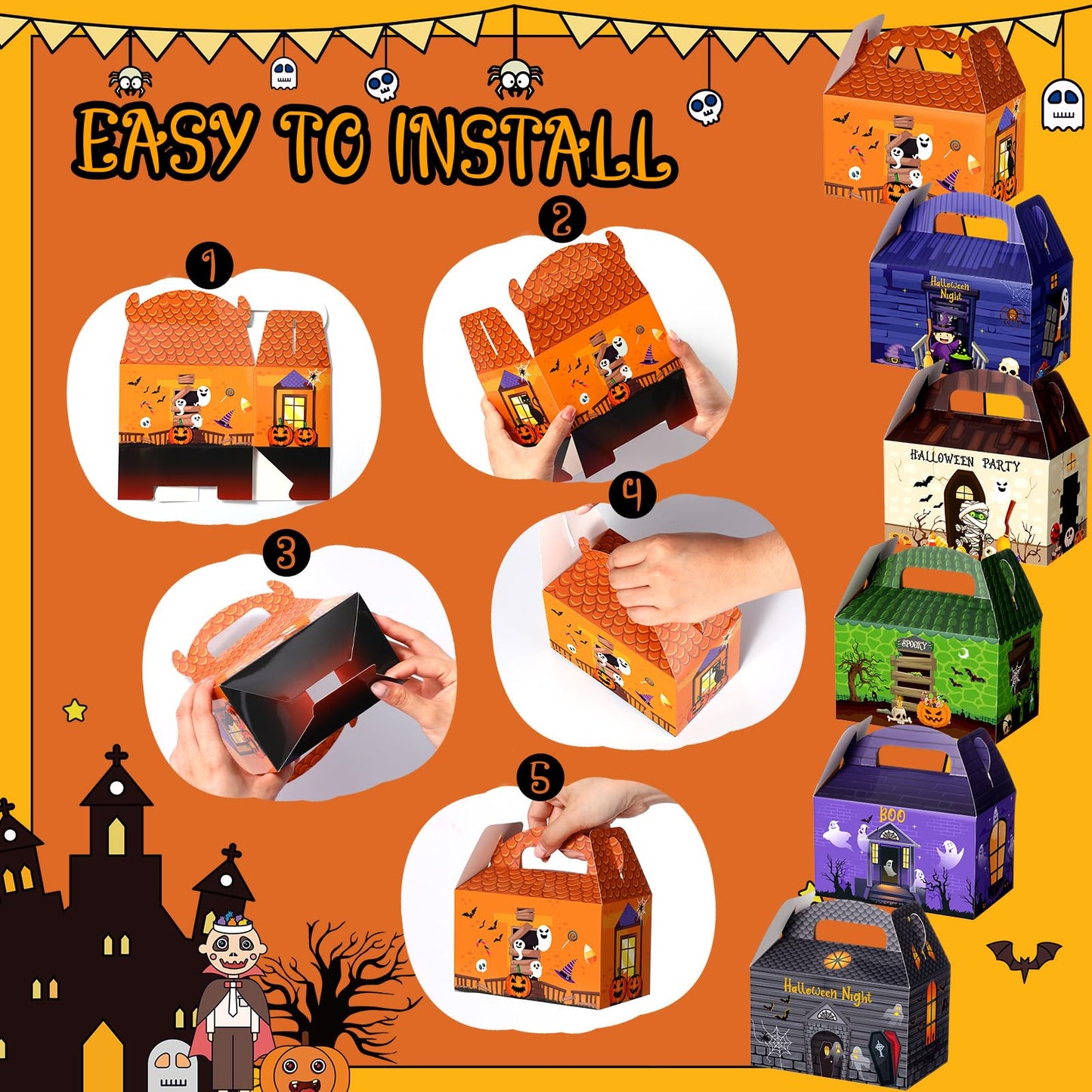 TaoBary 24 Pieces Halloween Candy Treat Box Set Halloween Goodie Boxes Favors Boxes for Birthday Treat Cookies Goodie Box Supplies(House Style)