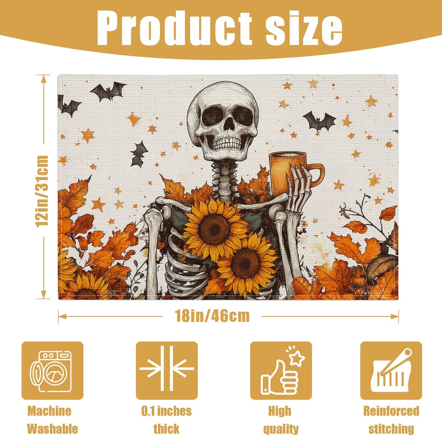 Fall Skull Sunflower Placemats Set of 6, Halloween Bat Linen Place Mat Washable Stain Resistant Table Mats for Farmhouse Kitchen Dining 12x18 Inch