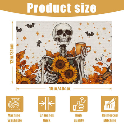 Fall Skull Sunflower Placemats Set of 6, Halloween Bat Linen Place Mat Washable Stain Resistant Table Mats for Farmhouse Kitchen Dining 12x18 Inch