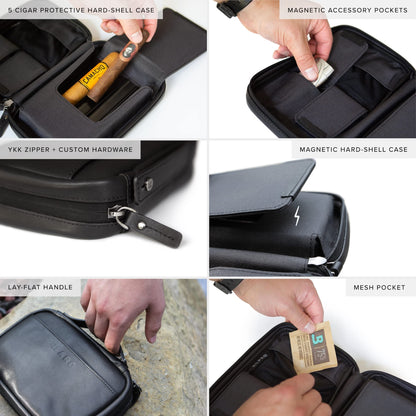 CASE ELEGANCE Klaro Travel Leather Cigar Case, 5 Cigar Storage, 2 Accessory Pockets, Humidification Pocket, Internal Hard-Shell Protection - Black
