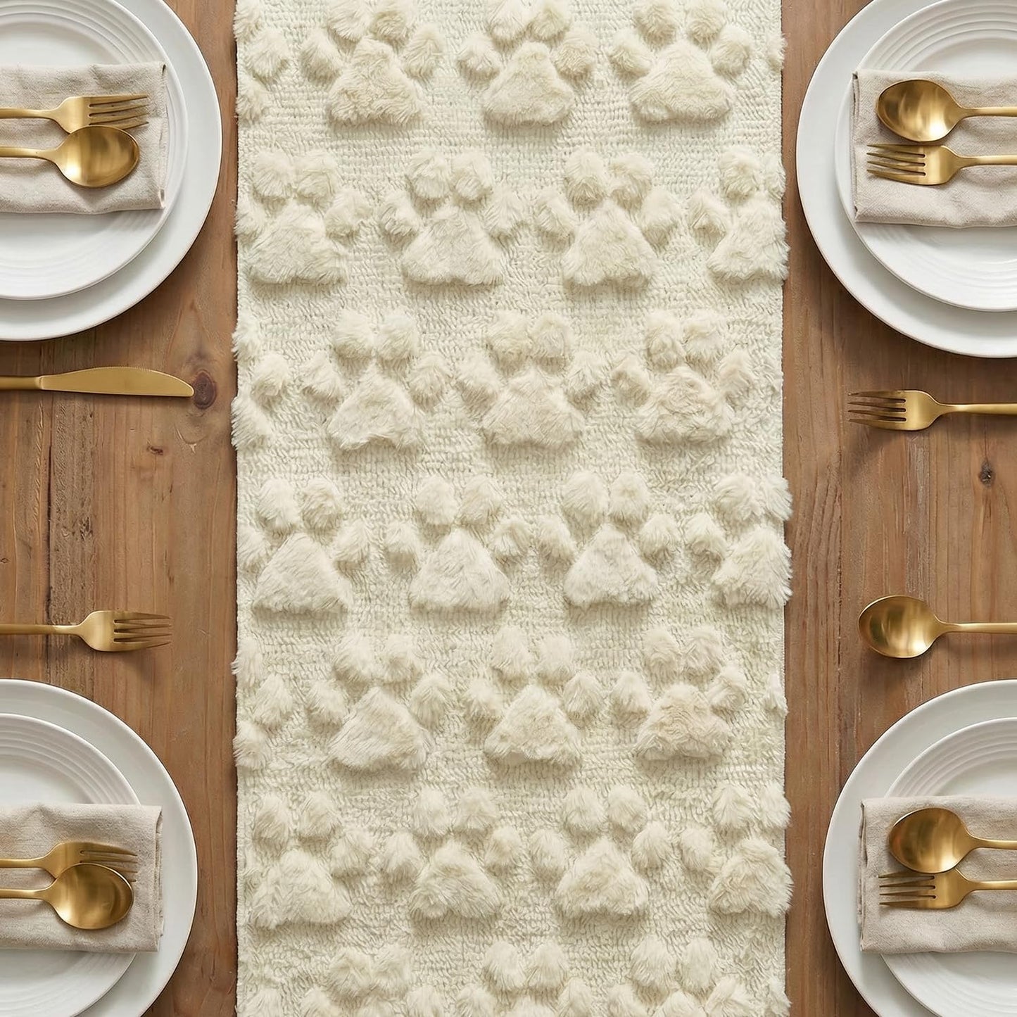 Artoid Mode Beige Soft Plush Faux Fur Jacquard Paws Pet Table Runner, Kitchen Dining Table Decoration for Home Party Decor 13x72 Inch