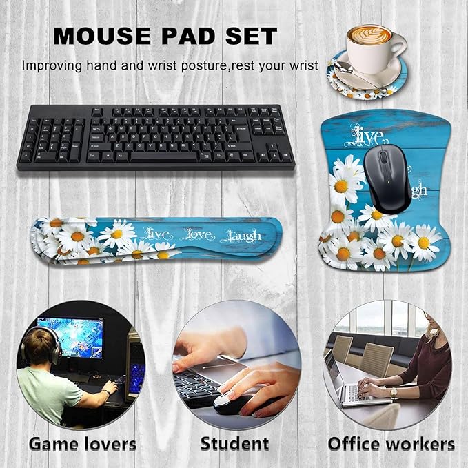 Keyboard Wrist Rest and Mouse Wrist Rest Pad with Coaster,Made of Memory Foam,Ergonomic Support,Easy Typing & Pain Relief,for Home Office Working Studying,Daisy Flowers Quote Live Love Laugh