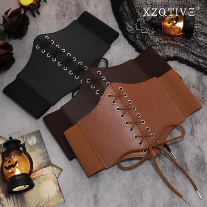 XZQTIVE Black Corset Waist Belt for Women, Wide Elastic Tie Waspie Belt for Dresses 4.7inch