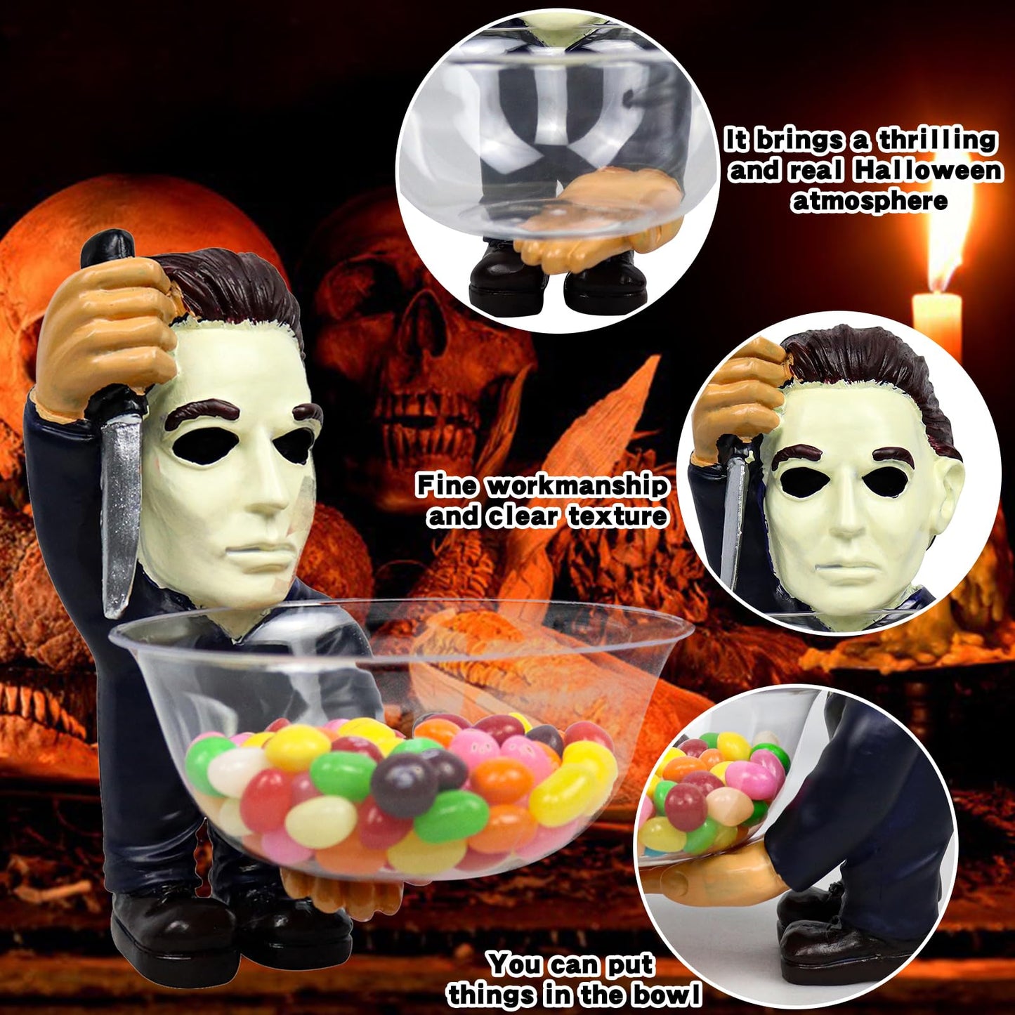 GOBWCOT Halloween Candy Bowl Holder Horror Movie Gnomas Candy Dish Scary Killer Figurines Statue Kitchen Ornaments Jar (Statue A)
