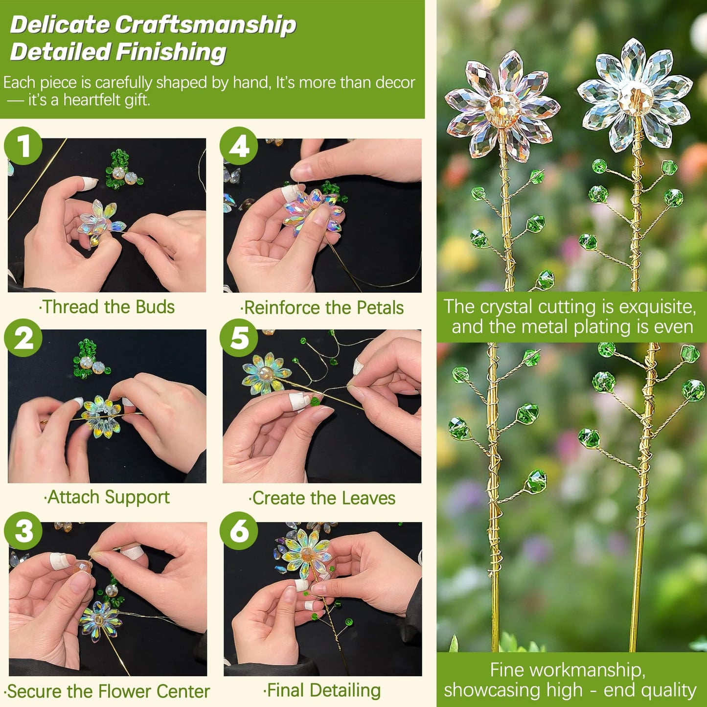 H&D HYALINE & DORA 3 Pcs Crystal Sunflower Suncatchers with 13'' Gold Trellis Metal Plant Stake for Indoor Outdoor Garden Potted Plants Decorations Plant Lover Gift(Clear, Green, Pink)
