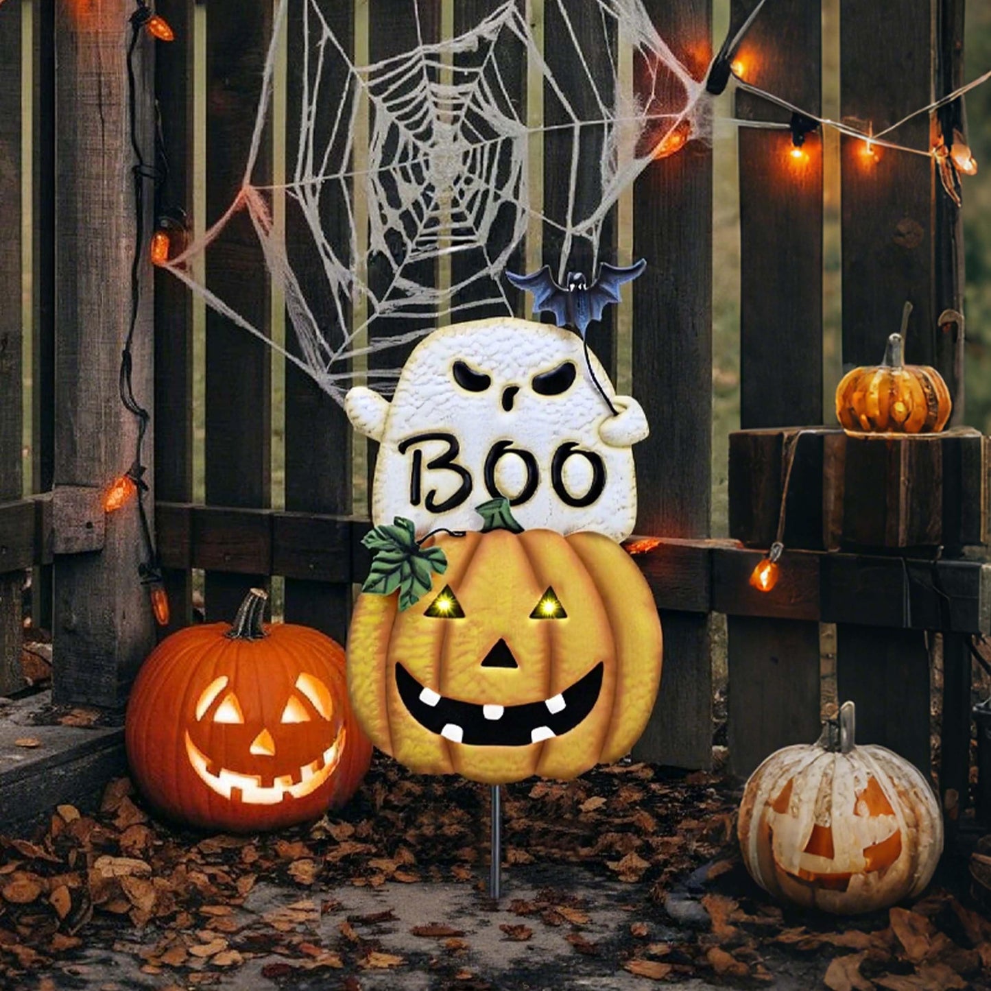 TERESA'S COLLECTIONS Metal Halloween Yard Stakes, Halloween Decorations for Outdoor with Ghost Pumpkins Solar Light, Stacked Jack-o-Lantern Garden Stakes Decor for Pathway Patio Party, 25"