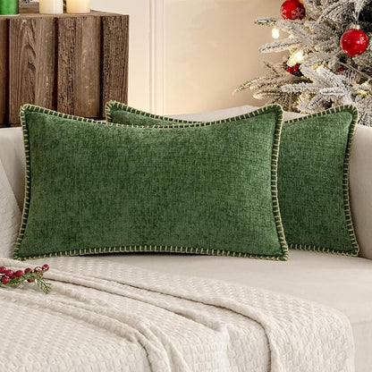 MIULEE Pack of 2 Lumbar Throw Pillow Covers 12x20 Inch Moss Green Farmhouse Decorative Pillow Covers Stitched Edge Soft Chenille Solid Dyed Pillow Covers for Couch Sofa Bed Living Room, Forest Green