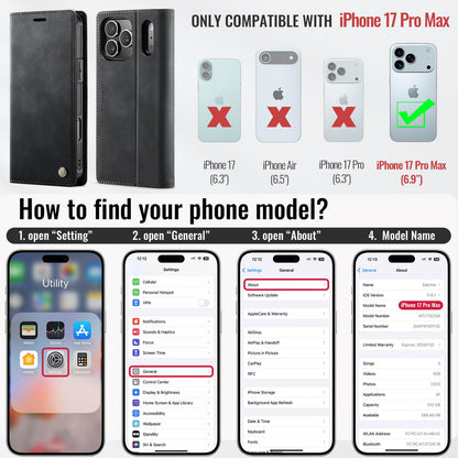 PlusnapX Wallet Case for iPhone 17 Pro Max Compatible with Magsafe, 2-in-1 PU Leather Flip RFID Blocking Card Holder Stand Shockproof Magnetic Detachable Cover for iPhone 17 Pro Max Case 6.9", Black