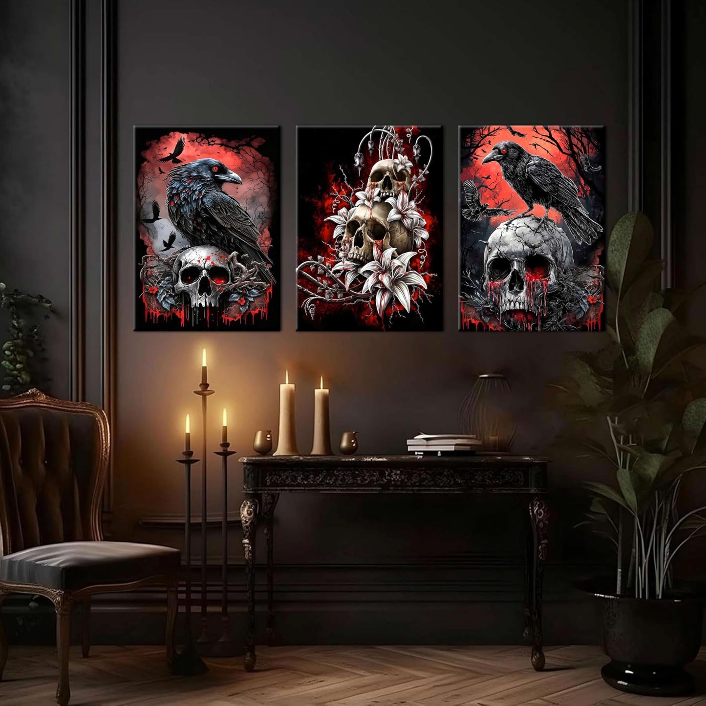 3 Piece Gothic Halloween Canvas Wall Art – Framed Dark Crow Floral Skull Prints, Spooky Romantic Aesthetic Gothic Pictures for Living Room, Bedroom, Bathroom Halloween Decor – 12x16in
